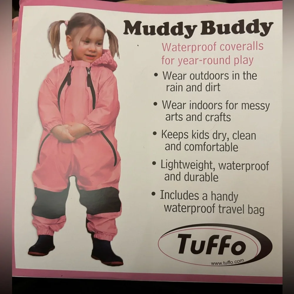 Tuffo Muddy Buddy Hooded Rainsuit Coverall Pink Size 18mo Waterproof Utility NWT